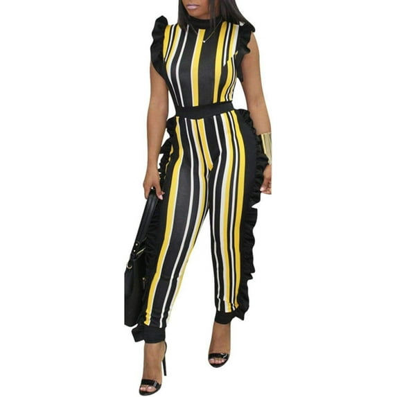 HLSOHJP Women's Africa Style Striped Jumpsuit Plus Size Romper Colorful Sleeveless Long Pants Ruffle Overalls Sexy Clubwear