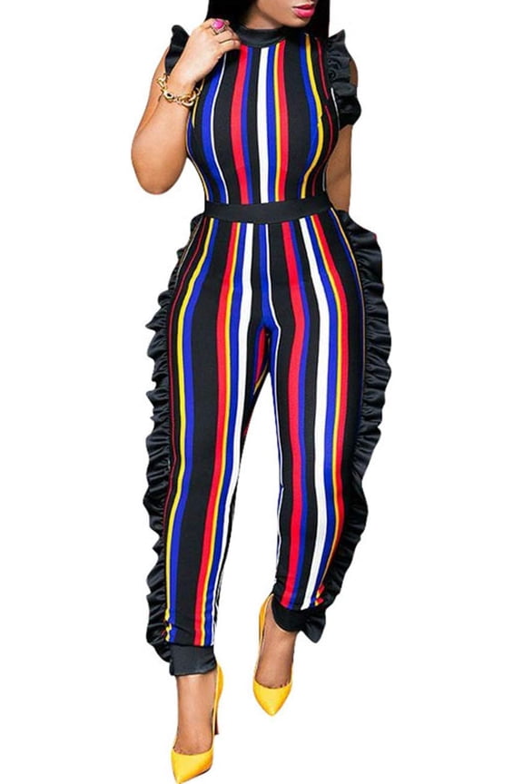 Women's Africa Style Striped Jumpsuit Plus Size Romper Colorful Sleeveless Long Pants Ruffle Overalls Sexy Clubwear