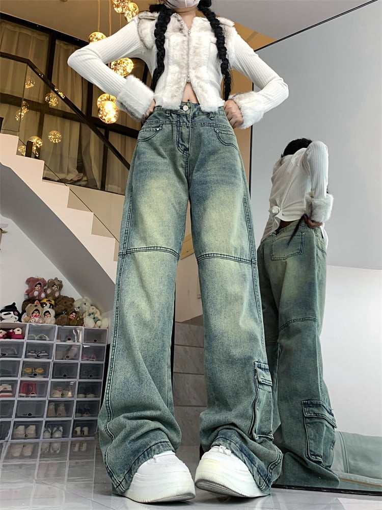 HLSOHJP Women's American Street Vibe Cargo Pocket Design Jeans Retro ...