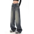 thumbnail image 1 of HLSOHJP Women's American Vintage Washed Thin Jeans Street Neutral Style Casual Blue Denim Trousers Female High Waist Straight Pants, 1 of 6