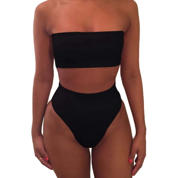 HLSOHJP Women's Bandeau Swimsuit Sleeveless Tube Top High Waist Shorts Two Piece Bikini Sets Push Up Wrap Beachwear