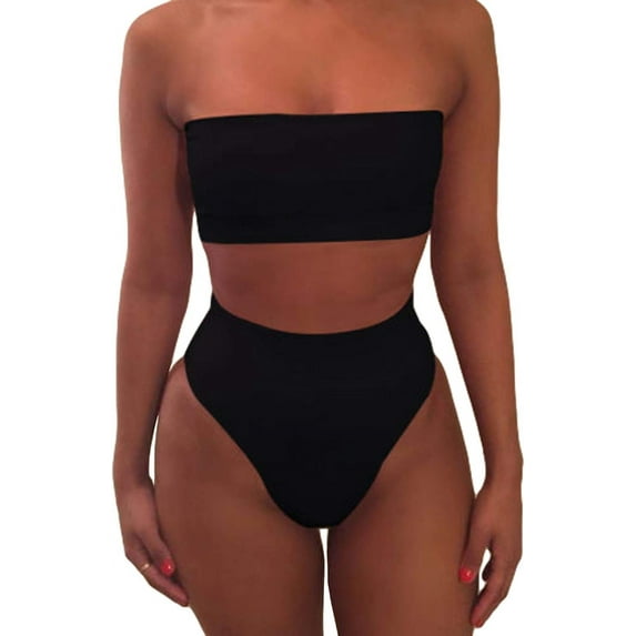 HLSOHJP Women's Bandeau Swimsuit Sleeveless Tube Top High Waist Shorts Two Piece Bikini Sets Push Up Wrap Beachwear