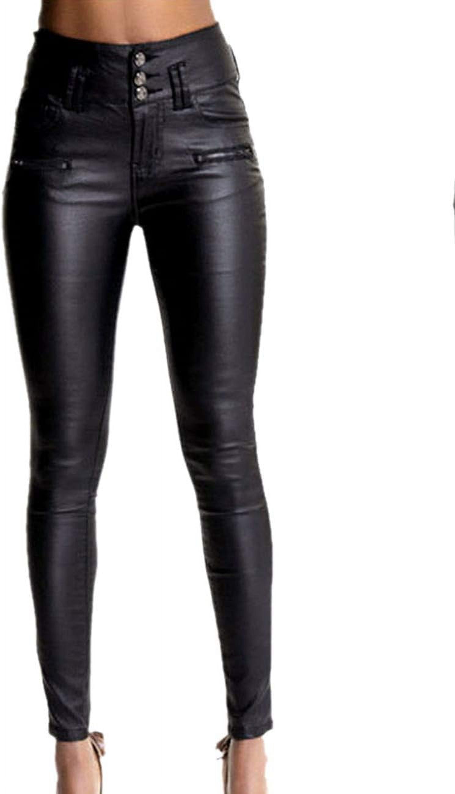 HLSOHJP Women's Black Stretch Jeans Button Closure Zipper Up High Waisted PU Biker Slim Trousers Faux Leather Skinny Pants