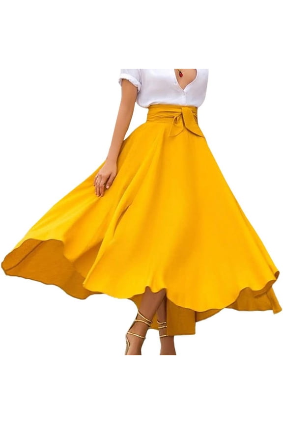 Women's Boho Maxi Skirt High Waist Front Lace Up A Line Elegant Swing Dress Pleated Flared Skater Skirts