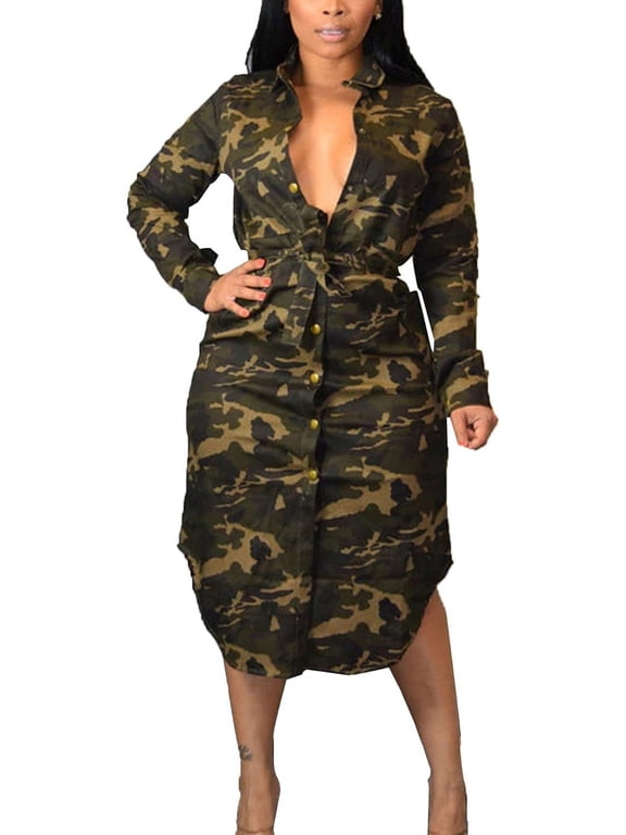Women's Camo Print Midi Dress Long Sleeve Button Down Single Breasted Lace Up Belted Camoufalge Pencil Dress