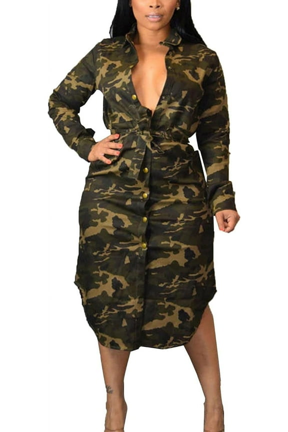 Women's Camo Print Midi Dress Long Sleeve Button Down Single Breasted Lace Up Belted Camoufalge Pencil Dress