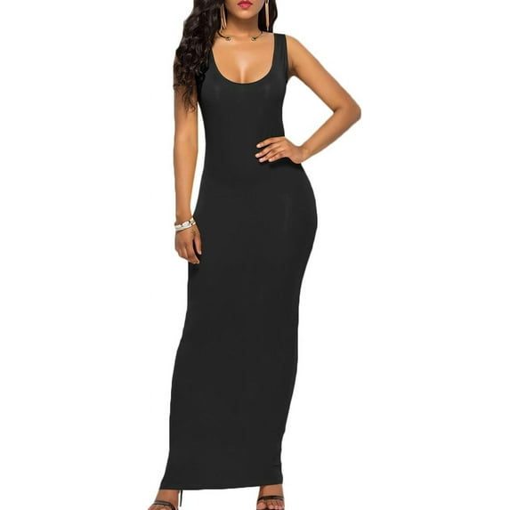 HLSOHJP Women's Casual Solid Color Sleeveless Bodycon Dresses Plus Size Fitted Maxi Sundress Vest Long Beach Tank Dress