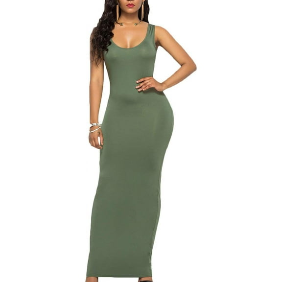 HLSOHJP Women's Casual Solid Color Sleeveless Bodycon Dresses Plus Size Fitted Maxi Sundress Vest Long Beach Tank Dress