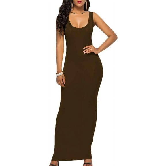 HLSOHJP Women's Casual Solid Color Sleeveless Bodycon Dresses Plus Size Fitted Maxi Sundress Vest Long Beach Tank Dress