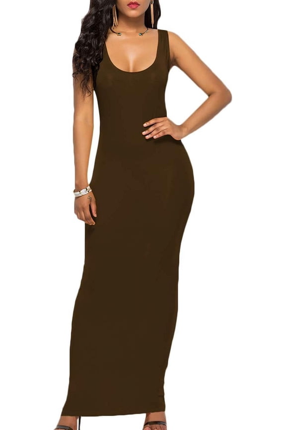 Women's Casual Solid Color Sleeveless Bodycon Dresses Plus Size Fitted Maxi Sundress Vest Long Beach Tank Dress