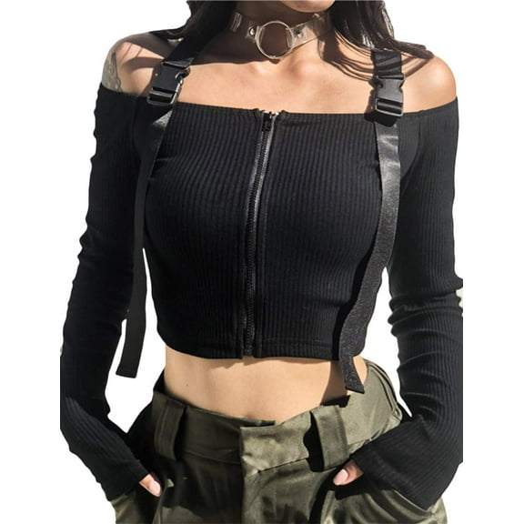 HLSOHJP Women's Cold Shoulder Black Crop Top Long Sleeve Off Shoulder Zipper Front Buckle Closure Ribbed Cropped Shirt