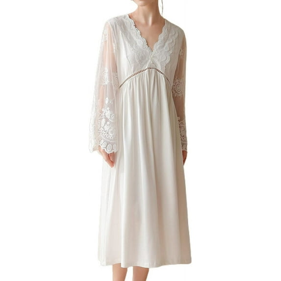 HLSOHJP Women's Cotton Blend Nightgown Victorian Vintage Sleep Dress Long Sleeve V Neck Full-length