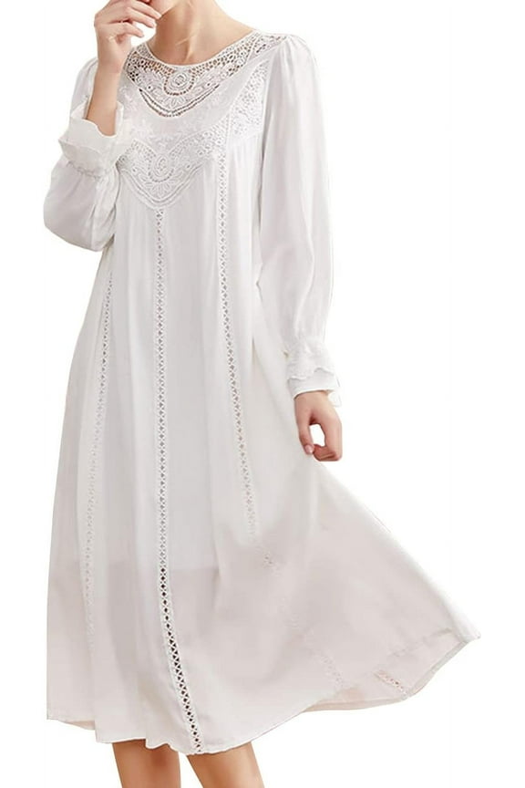 Women's Cotton Blend Nightgown Victorian Vintage Sleep Dress Long Sleeve V Neck Full-length
