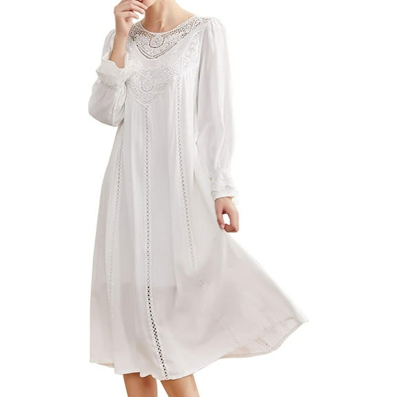 HLSOHJP Women's Cotton Blend Nightgown Victorian Vintage Sleep Dress Long Sleeve V Neck Full-length