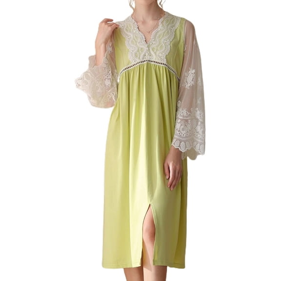 HLSOHJP Women's Cotton Blend Nightgown Victorian Vintage Sleep Dress Long Sleeve V Neck Full-length