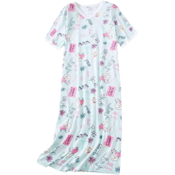 HLSOHJP Women's Cotton Nightgown Short Sleeve Cartoon Printed Sleep Dress Soft Summer Sleepwear Nightdress
