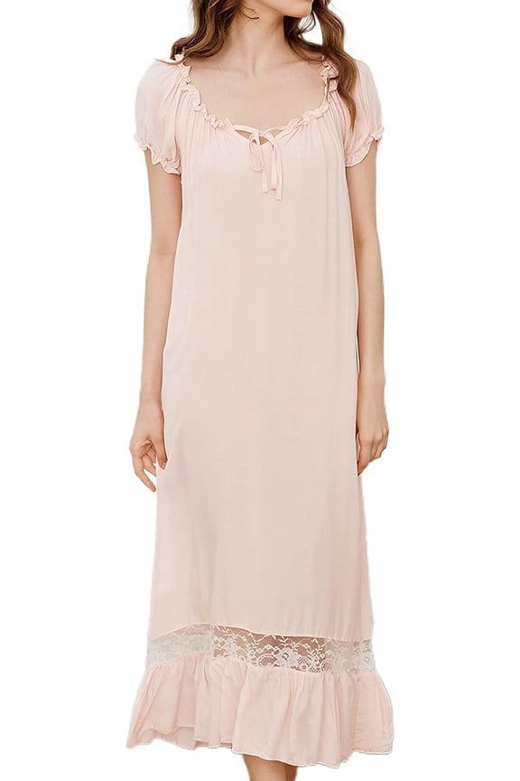 Women's Cotton Victorian Nightgown Short Sleeve Pj Soft Pajama Dress Long Sleepwear Off Shoulder Sleep Shirt Frilly