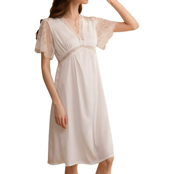 HLSOHJP Women's Cotton Victorian Nightgown Short Sleeve Pj Soft Pajama Dress Long Sleepwear Off Shoulder Sleep Shirt Frilly