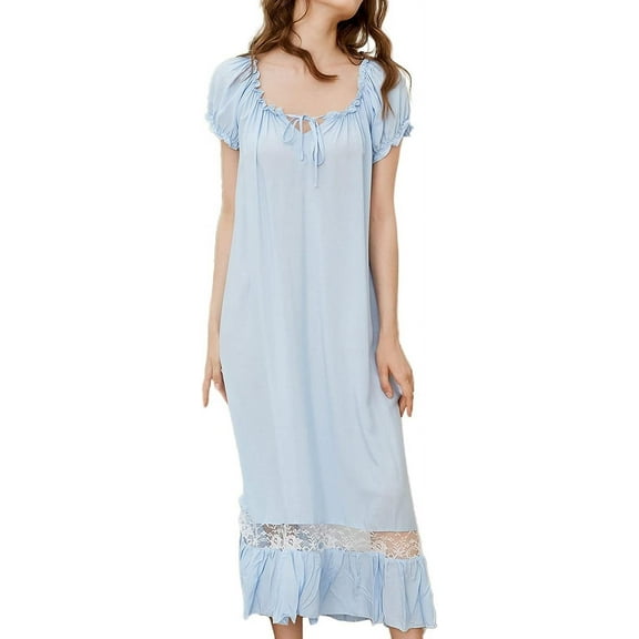 HLSOHJP Women's Cotton Victorian Nightgown Short Sleeve Pj Soft Pajama Dress Long Sleepwear Off Shoulder Sleep Shirt Frilly