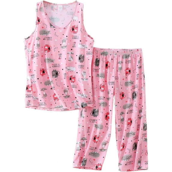 HLSOHJP Women's Cute Soft Tank Pajama Set 2 Piece Cami Pant Lightweight Family Summer Cotton Thin Pj Set
