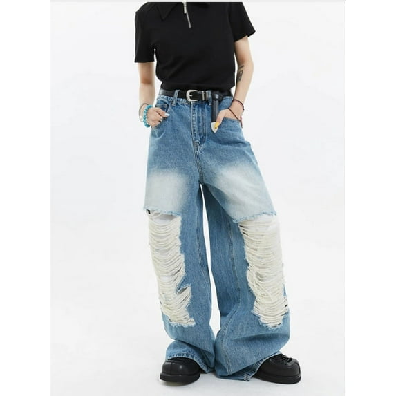 HLSOHJP Women's Distressed Personality Blue Pants American Cool Girl Bottoms High Waist Baggy Jeans Female Denim Wide-leg Trousers