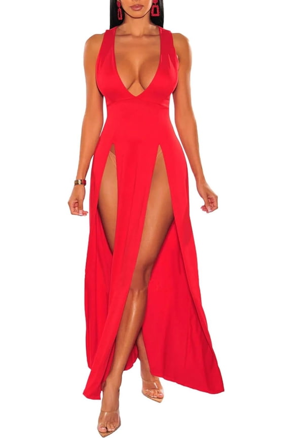 Women's Double Slit Maxi Tank Dress Sleeveless Deep V-Neck Low Cut High Split Cover Up Long Bodycon Wrap Dress