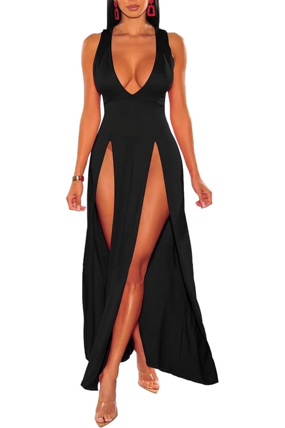 Women's Double Slit Maxi Tank Dress Sleeveless Deep V-Neck Low Cut High Split Cover Up Long Bodycon Wrap Dress