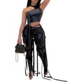 thumbnail image 1 of HLSOHJP Women's Faux Leather Club Outfit Two Piece Sleeveless Cropped Tank Top Split Pants Lace Up Ruched Matching Sets, 1 of 6