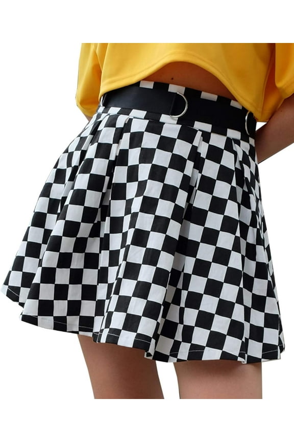 Women's Flared Checkerboard Mini Skirt Girls High Wasited Sweat Plaid Checkered Short Pleated Swing Skirts