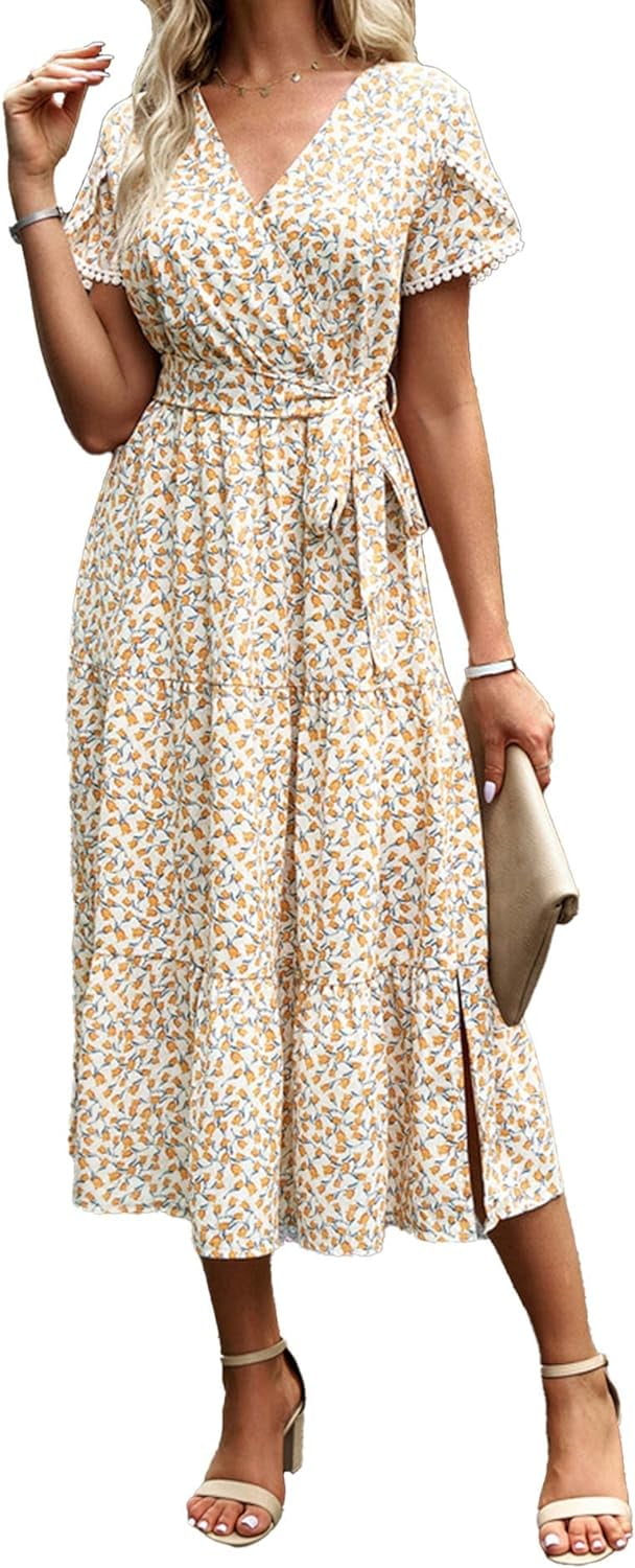 Boho Summer Dress with Pleats and Short Sleeves