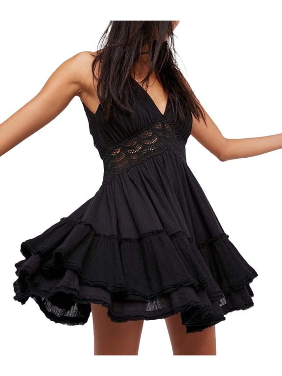 Women's Floral Print Beach Sundress Sleeveless Halter Spaghetti Straps Backless Lace Mini Swing Skater Dresses