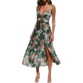 thumbnail image 1 of HLSOHJP Women's Floral Satin Dress Sleeveless Spaghetti Straps Bow Knot Tied Cutout Front Split Hem Midi Slip Party Dress, 1 of 6