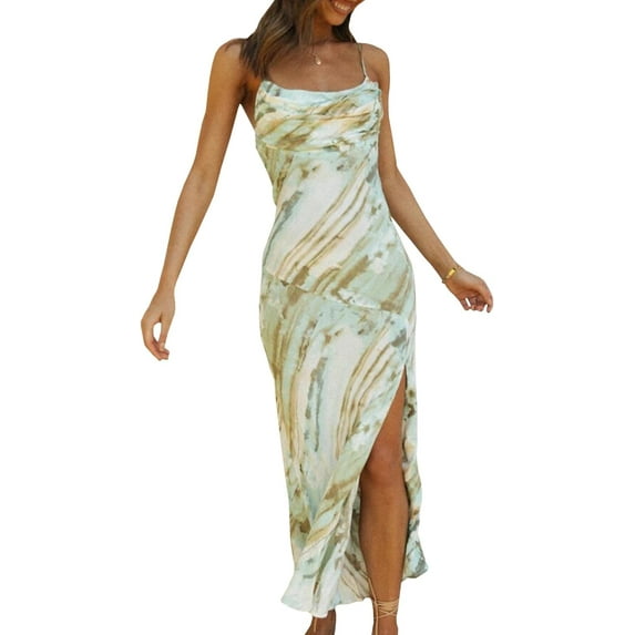 HLSOHJP Women's Floral Satin Midi Dress Sleeveless Spaghetti Straps High Split Abstract Line Print Cowl Neck Party Dresses