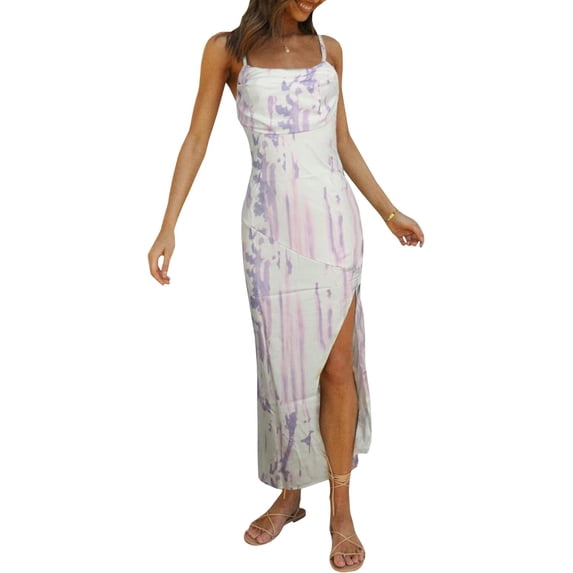 HLSOHJP Women's Floral Satin Midi Dress Sleeveless Spaghetti Straps High Split Abstract Line Print Cowl Neck Party Dresses