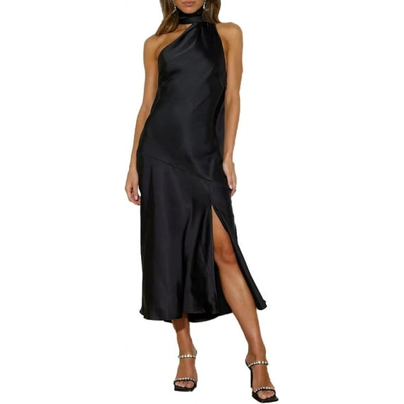 HLSOHJP Women's Halter Tie Neck Satin Dress Sleeveless Open Back Twisted Cutout Split Hem Slip Wedding Party Maxi Dress