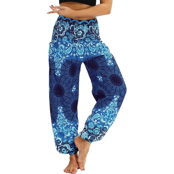 HLSOHJP Women's Harem Pants Yoga Hippie Boho Jogger Smocked Waist Genie Pants with Pocket Cool Summer