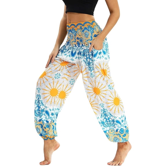 HLSOHJP Women's Harem Pants Yoga Hippie Boho Jogger Smocked Waist Genie Pants with Pocket Cool Summer