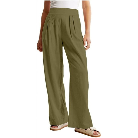 HLSOHJP Women's High Waisted Pants Linen Casual Pants Long Palazzo Wide Leg Soft Comfy Beach Summer Trousers
