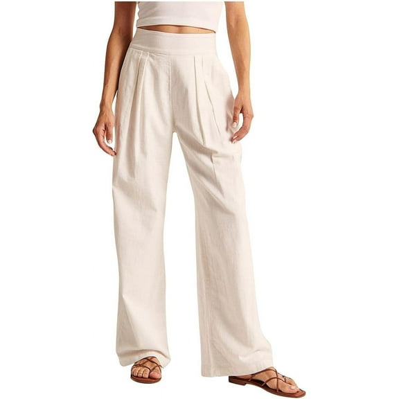 HLSOHJP Women's High Waisted Pants Linen Casual Pants Long Palazzo Wide Leg Soft Comfy Beach Summer Trousers