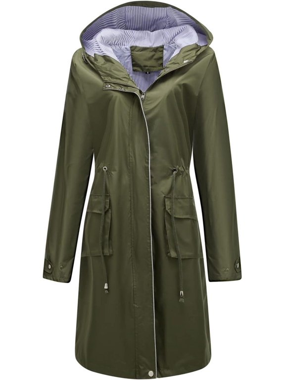 Women's Hooded Rain Jacket Long Waterproof Raincoat Casual Full Zip Anorak Midi Windbreaker Pockets