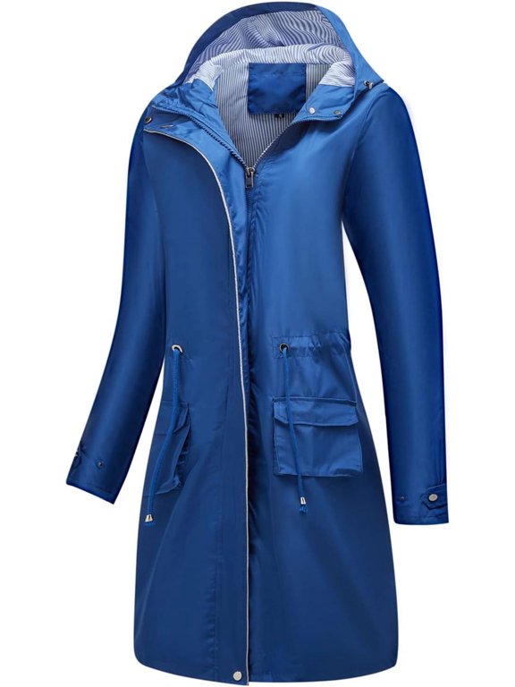 Women's Hooded Rain Jacket Long Waterproof Raincoat Casual Full Zip Anorak Midi Windbreaker Pockets