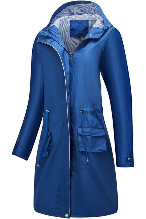 Women's Hooded Rain Jacket Long Waterproof Raincoat Casual Full Zip Anorak Midi Windbreaker Pockets