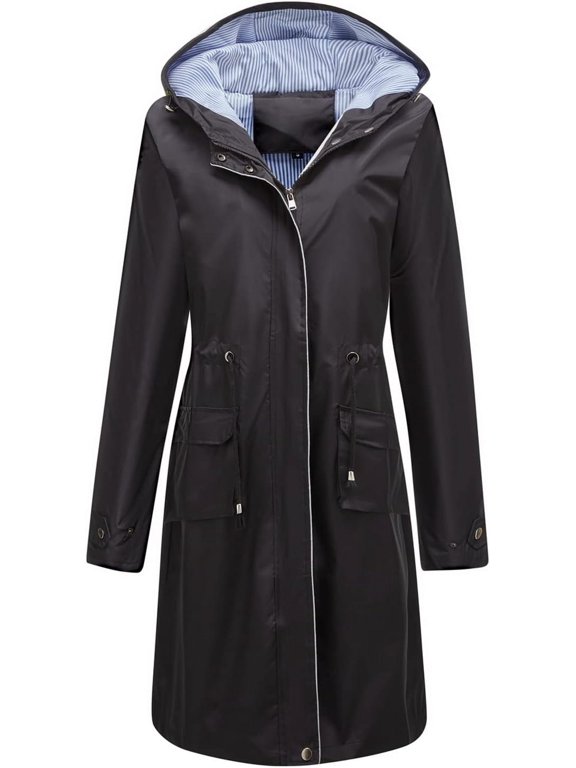 Women's Hooded Rain Jacket Long Waterproof Raincoat Casual Full Zip Anorak Midi Windbreaker Pockets