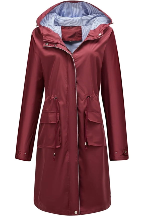 Women's Hooded Rain Jacket Long Waterproof Raincoat Casual Full Zip Anorak Midi Windbreaker Pockets