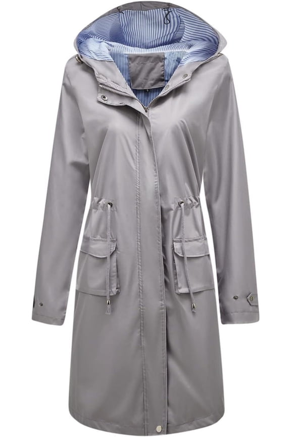 Women's Hooded Rain Jacket Long Waterproof Raincoat Casual Full Zip Anorak Midi Windbreaker Pockets
