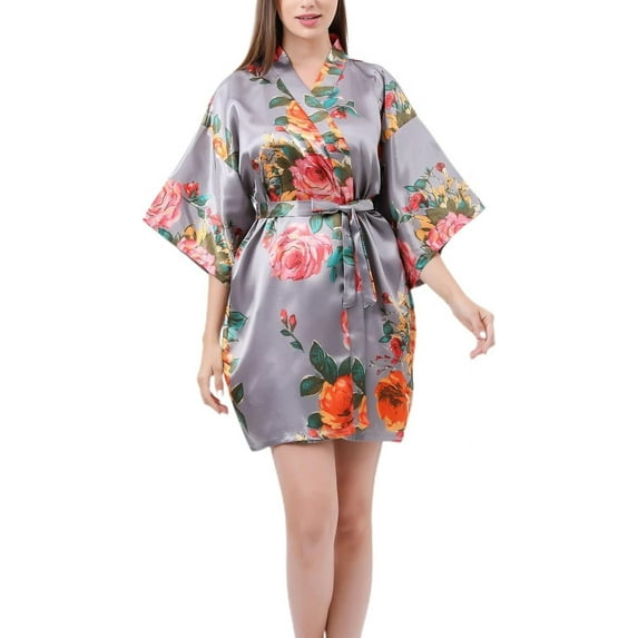 HLSOHJP Women's Kimono Robe Summer Pjs Lightweight Satin Cozy Soft Spring Cool Bride Thin Bathrobe Floral Printed