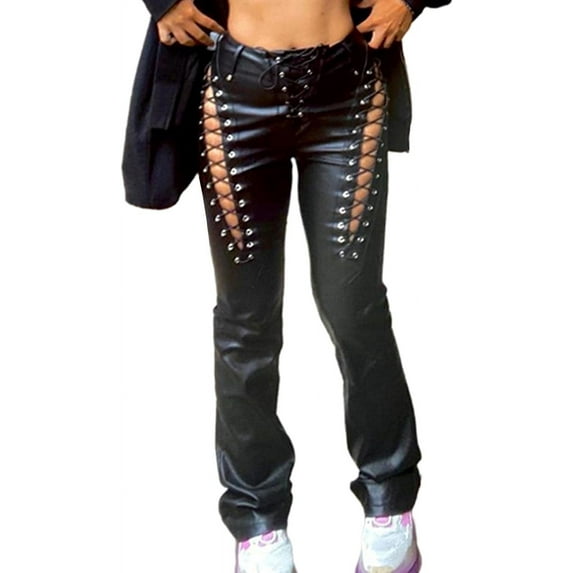 HLSOHJP Women's Lace Up PU Leather Pants Chic High Waist Hollow Out Drawstring Bandage Cut Out Faux Leather Trousers