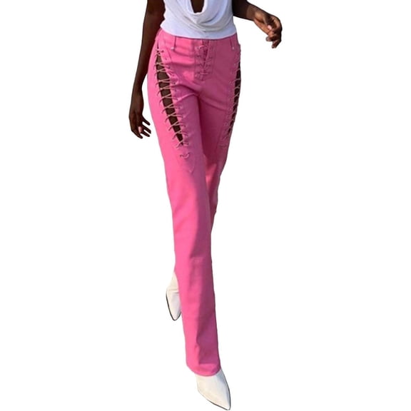 HLSOHJP Women's Lace Up PU Leather Pants Chic High Waist Hollow Out Drawstring Bandage Cut Out Faux Leather Trousers