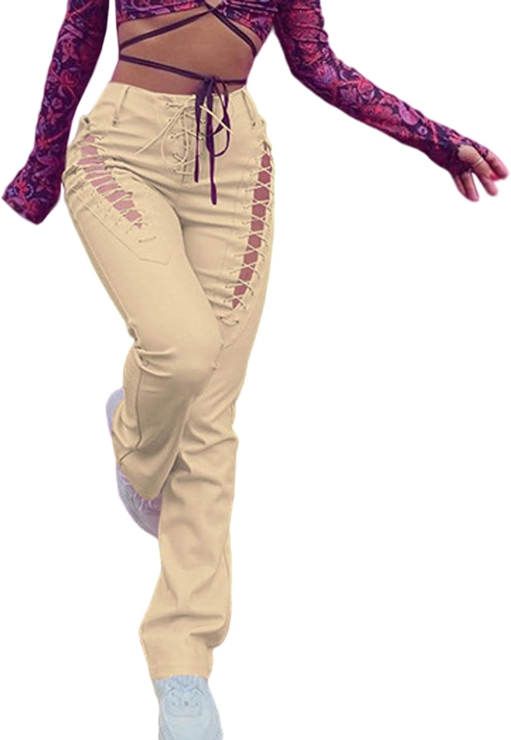 HLSOHJP Women's Lace Up PU Leather Pants Chic High Waist Hollow Out Drawstring Bandage Cut Out Faux Leather Trousers