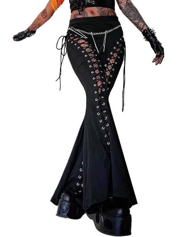 Women's Lace Up Pants High Waist Bandage Criss Cross Bandage Tie Up Cutout Gothic Flared Bell-Bottom Trousers
